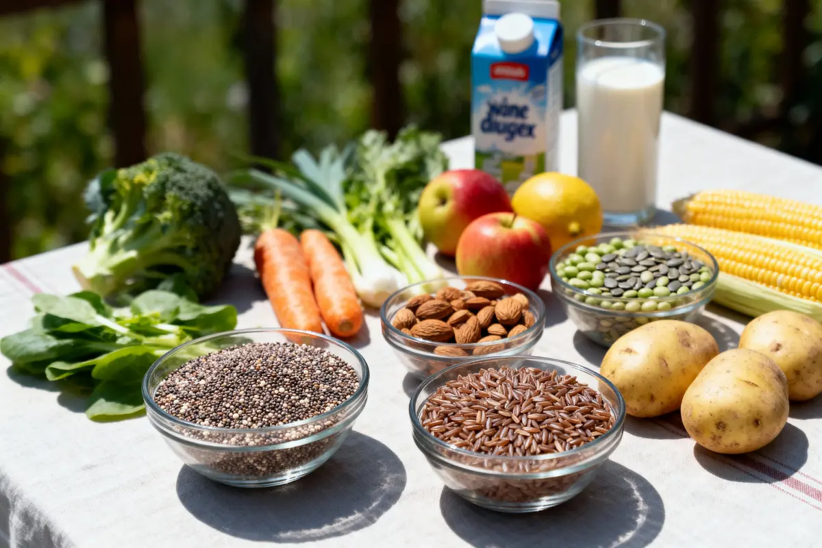 Fruits, légumes, céréales, graines et lait sur table, alimentation saine et équilibrée en plein air.