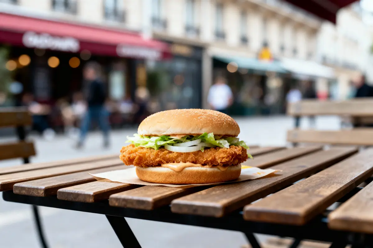 pexels-michal-pech-213601-757318 (1) Burger au poulet croustillant sur une table en bois, en extérieur, avec un café en arrière-plan flou.