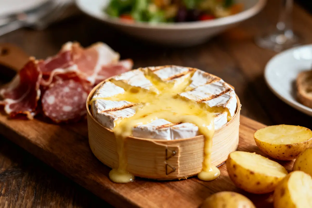 pexels-michal-pech-213601-757318 (1) Fromage fondu dans une boîte en bois, avec charcuterie et pommes de terre sur une planche en bois.