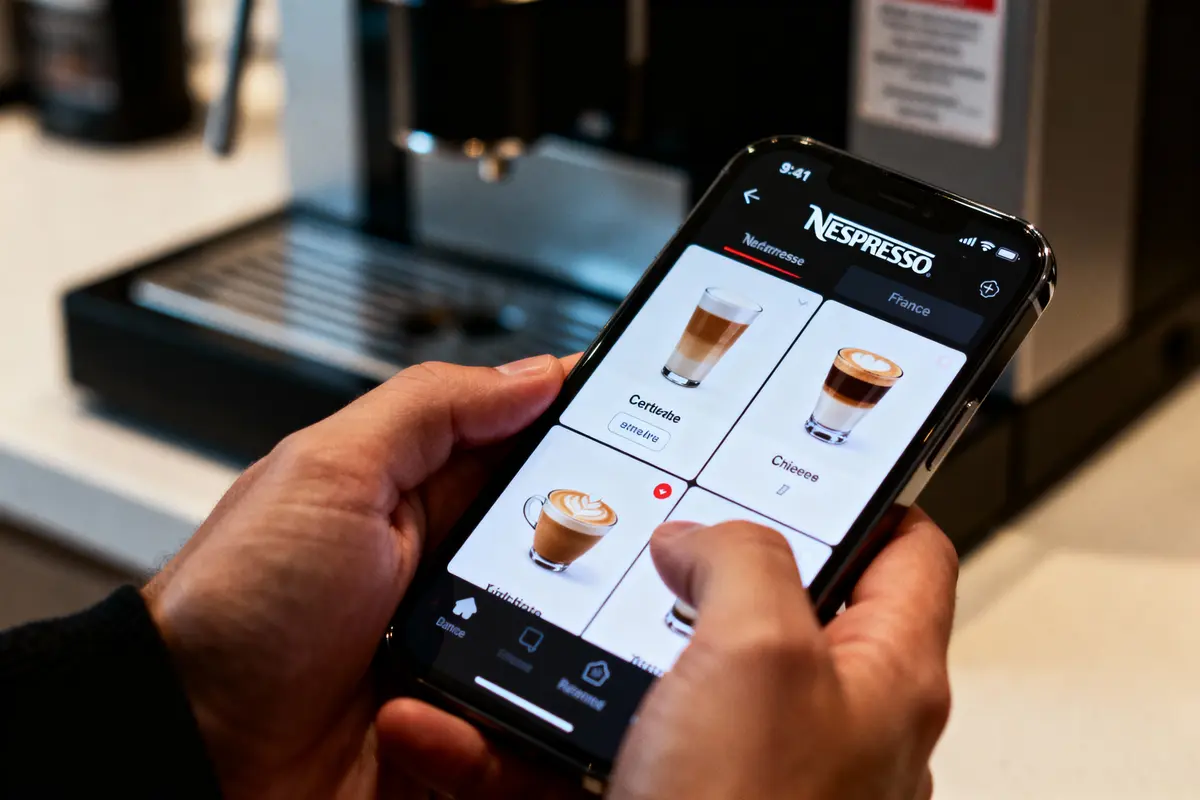 pexels-michal-pech-213601-757318 (1) Personne utilisant une application Nespresso sur smartphone pour choisir un café, machine à café en arrière-plan.