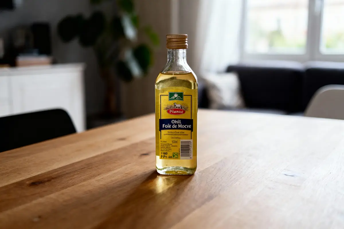Bouteille d'huile de foie de morue posée sur une table en bois, intérieur lumineux flou.