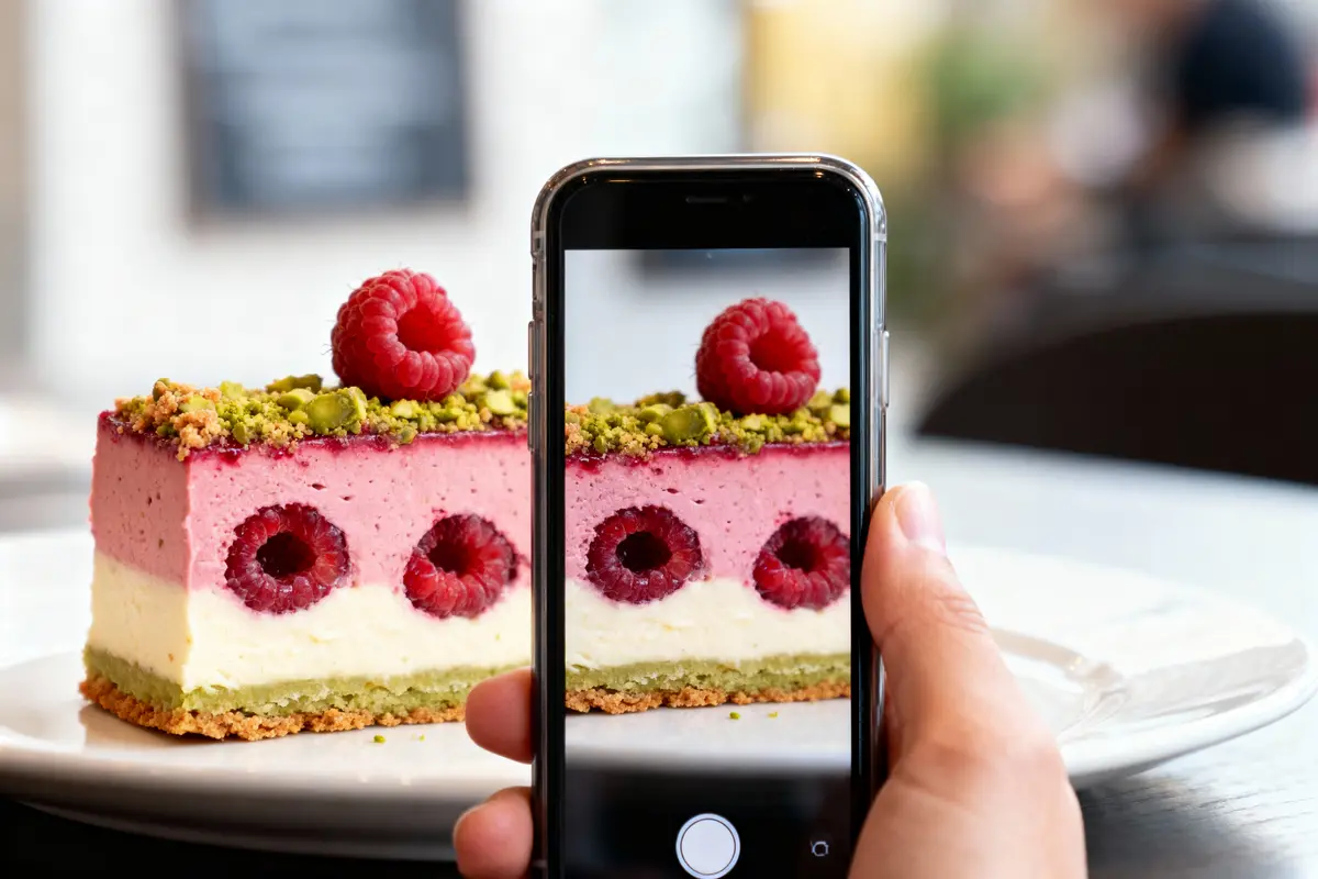 pexels-michal-pech-213601-757318 (1) Deux parts de gâteau framboise-pistache photographiées avec un smartphone sur une table.