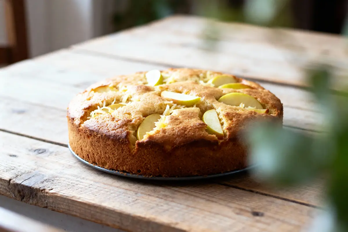 pexels-michal-pech-213601-757318 (1) Gâteau aux pommes doré sur planche de bois, tranches de pommes visibles sur le dessus.