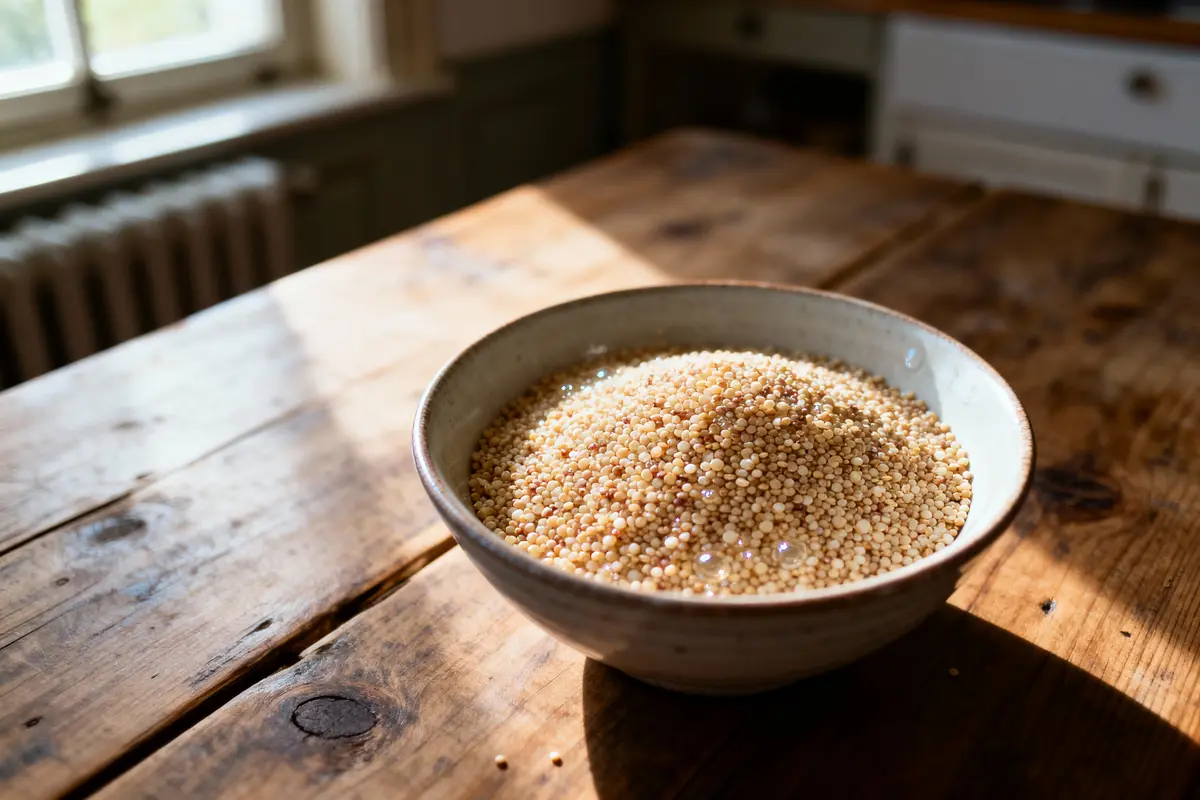 pexels-michal-pech-213601-757318 (1) Bol de grains de quinoa sur une table en bois éclairée par la lumière du soleil.