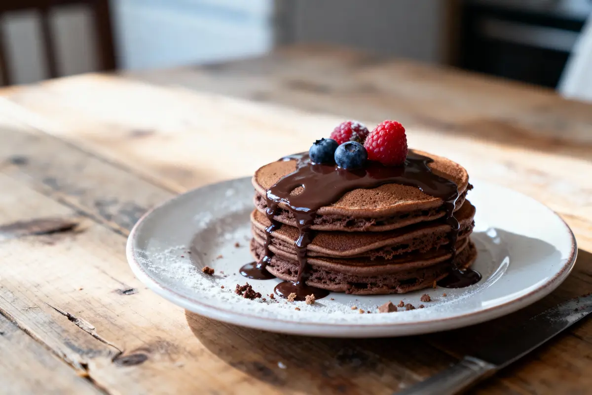 pexels-michal-pech-213601-757318 (1) Crêpes au chocolat avec sauce chocolat, garnies de framboises et myrtilles sur assiette blanche, table en bois.