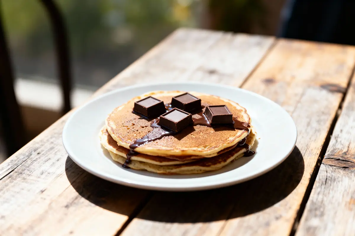 pexels-michal-pech-213601-757318 (1) Crêpes empilées avec morceaux de chocolat et sauce, servies sur assiette blanche, table en bois rustique.