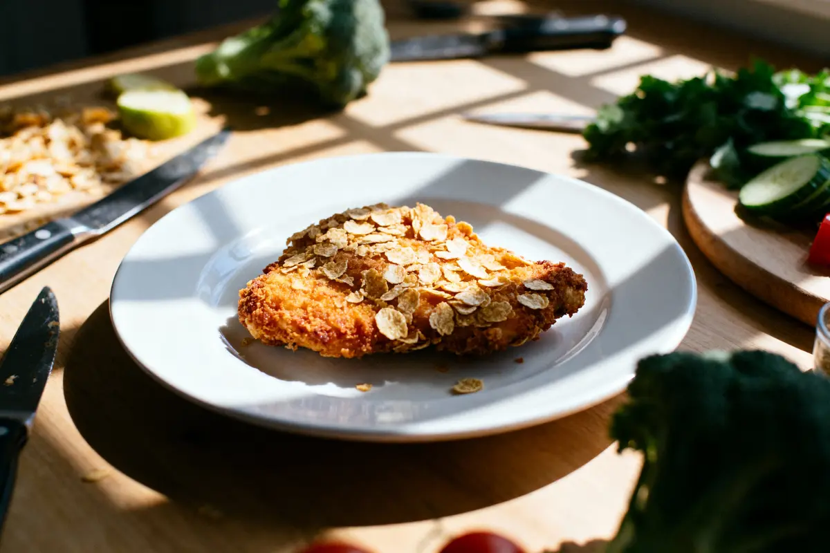 pexels-michal-pech-213601-757318 (1) Escalope de poulet panée avec céréales, posée dans une assiette blanche, entourée de légumes et couteaux.