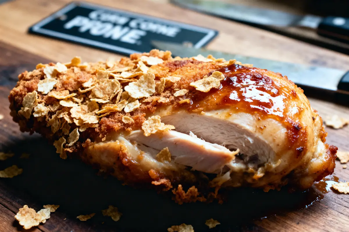 Poulet pané aux céréales, partiellement tranché, sur planche de bois, avec couteau en arrière-plan.