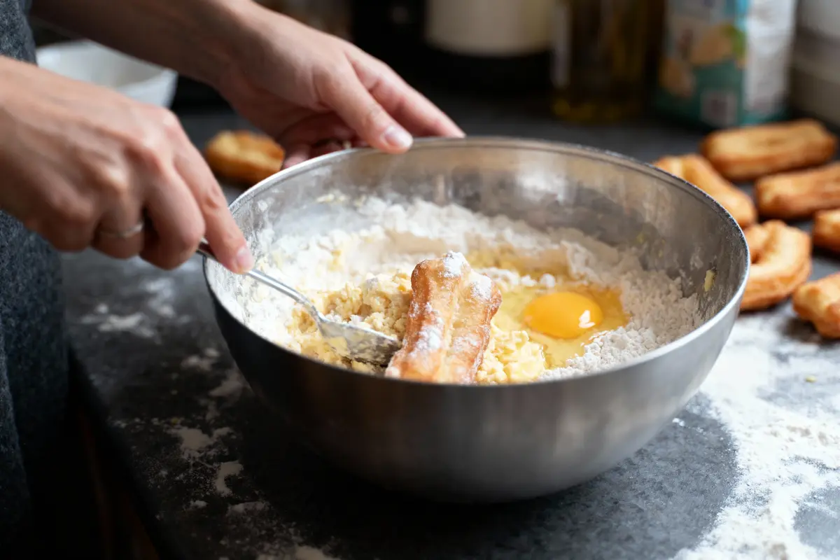 Personne mélangeant farine, œuf, et ingrédients dans un bol en métal pour préparation culinaire.