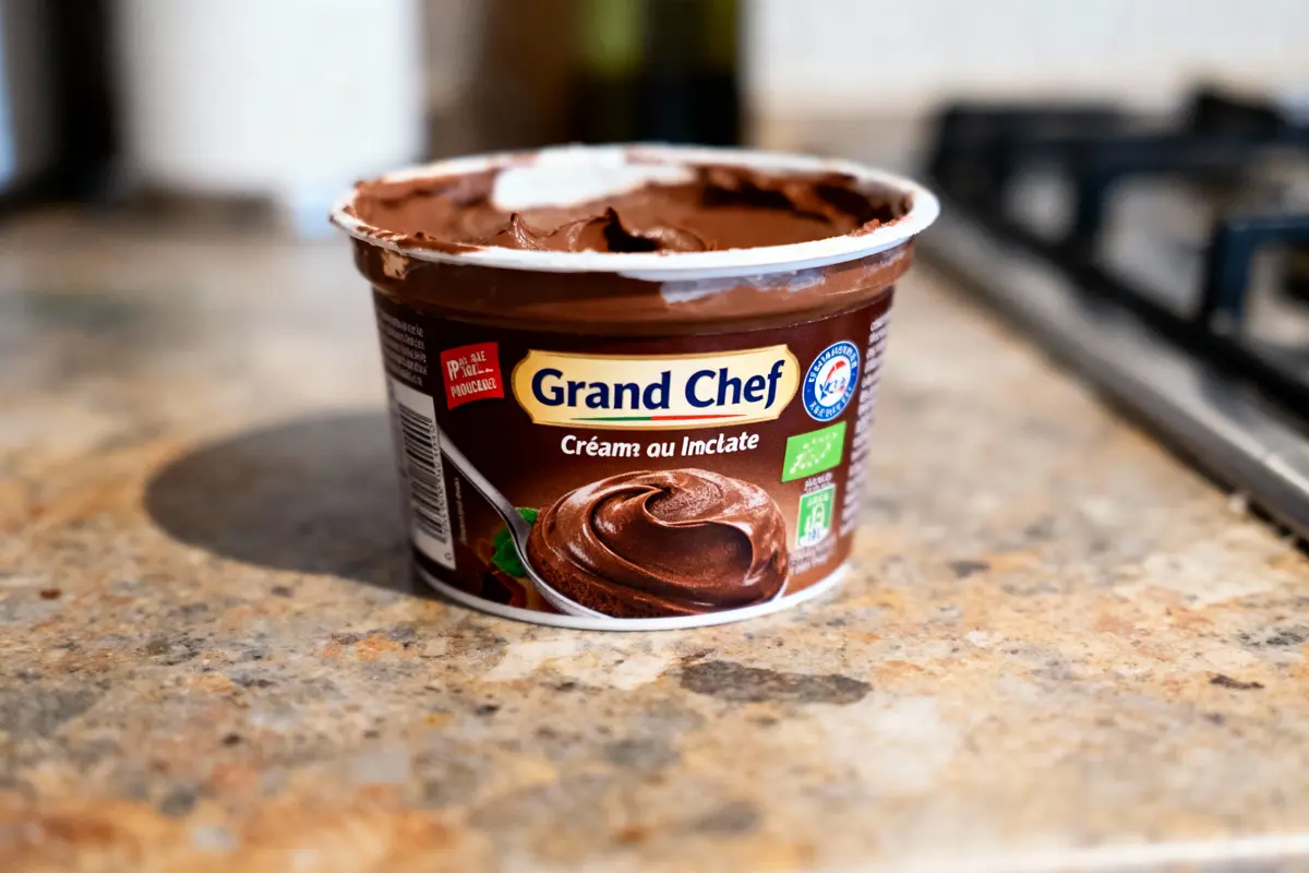Pot de crème chocolat "Grand Chef" sur un plan de travail en cuisine.