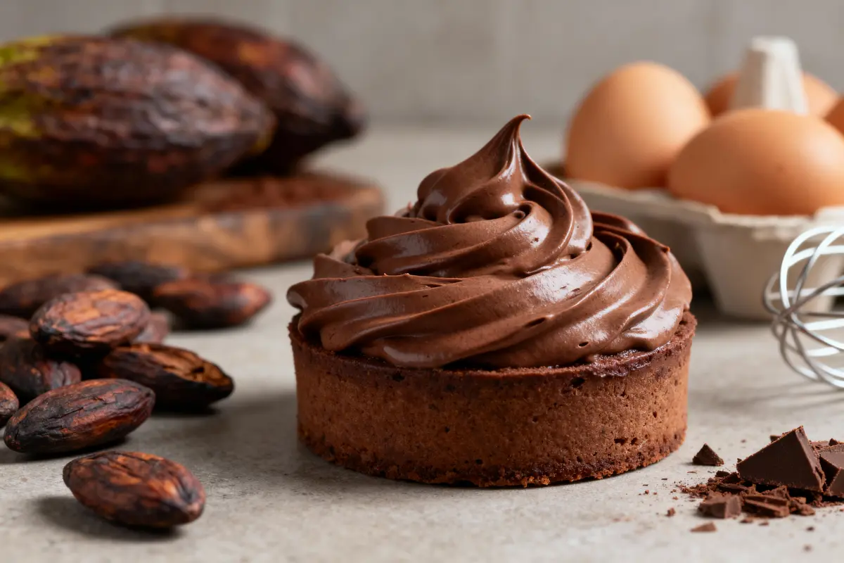 Tartelette chocolat avec ganache, fèves de cacao, œufs et fouet sur fond de cuisine grise.