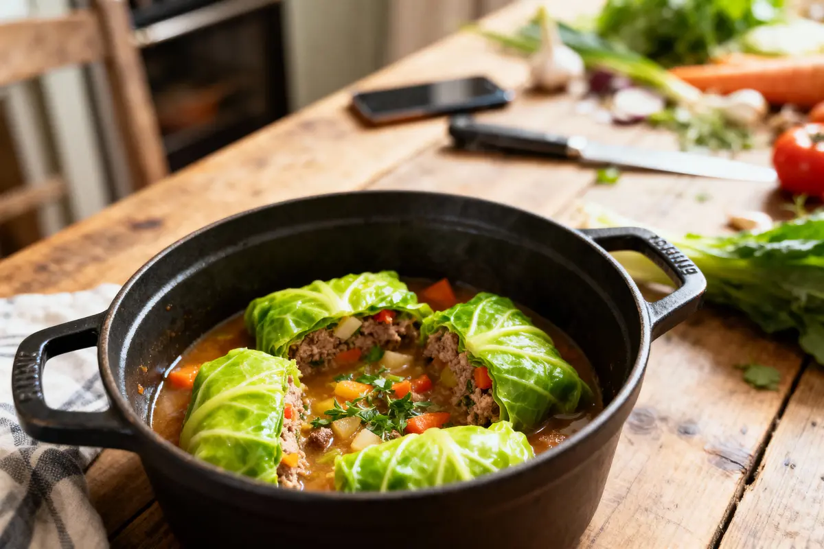 Rouleaux de chou farcis dans une cocotte noire sur une table en bois rustique.