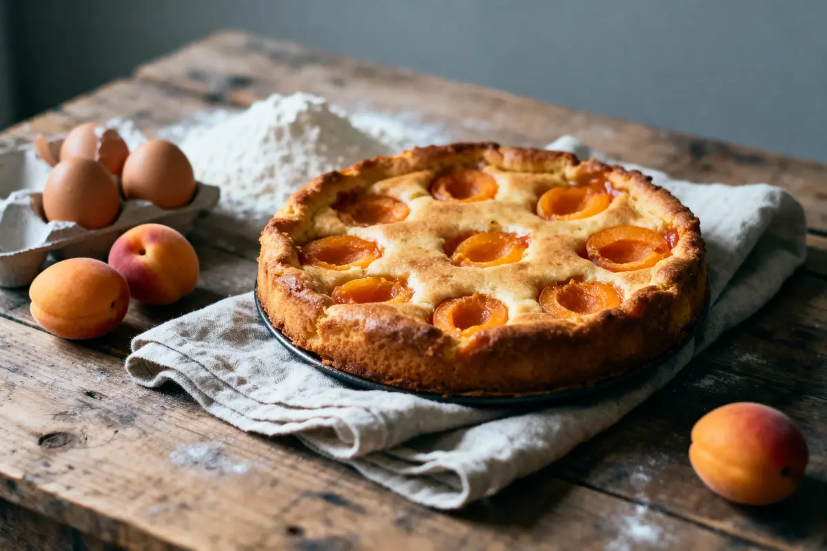pexels-michal-pech-213601-757318 (1) Tarte aux abricots sur table en bois, avec œufs, farine et abricots autour.