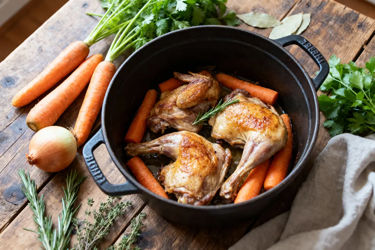 Plat en fonte avec cuisses de poulet, carottes, herbes fraîches, sur une table en bois rustique.