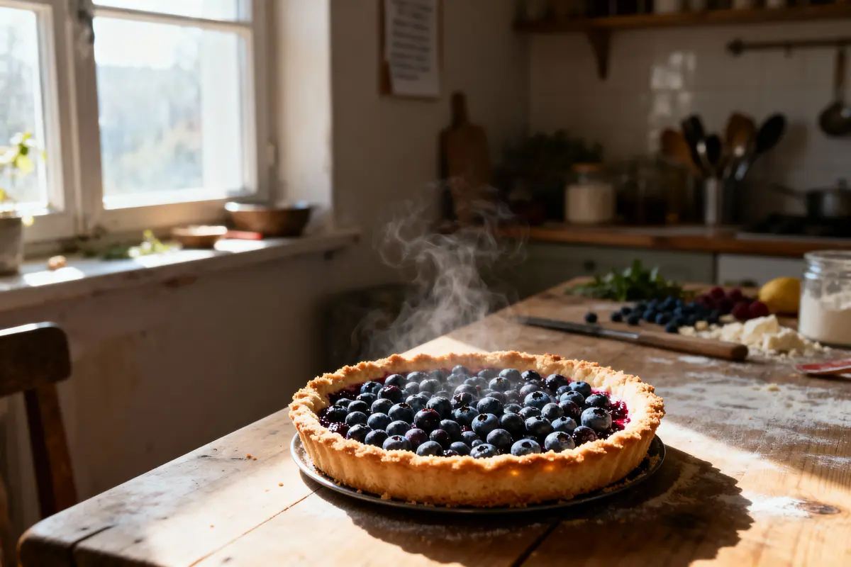 pexels-michal-pech-213601-757318 (1) Tarte aux myrtilles fumante sur table en bois, cuisine ensoleillée, ingrédients visibles en arrière-plan.