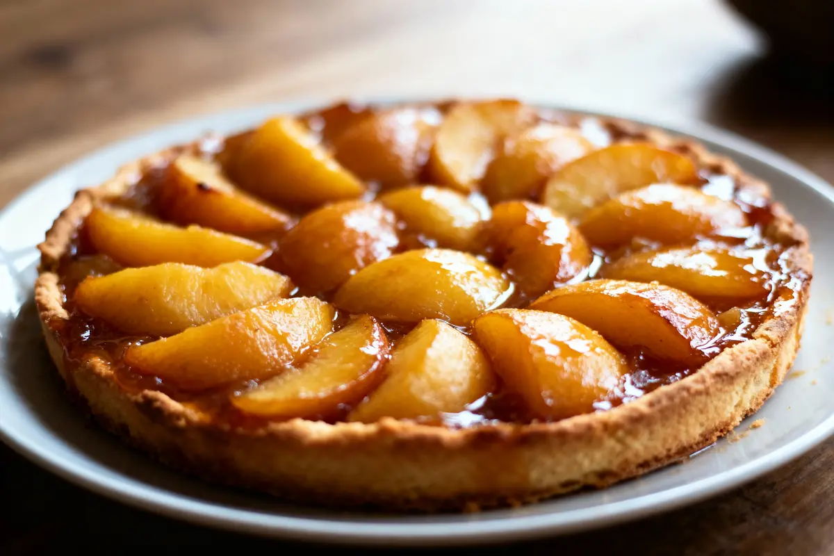 Tarte Tatin aux pommes caramélisées sur une assiette blanche, posée sur une table en bois.