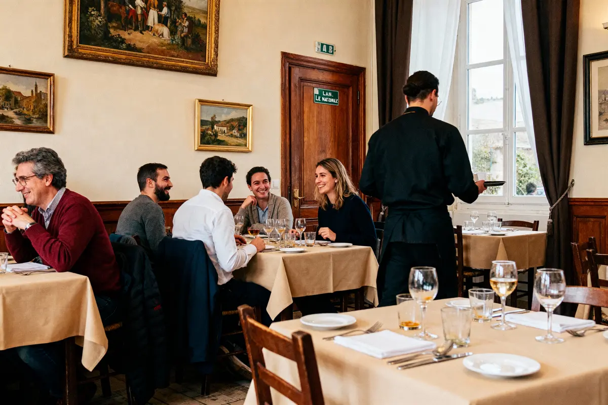 Un groupe de personnes dînant dans un restaurant élégant, un serveur au service, ambiance chaleureuse.