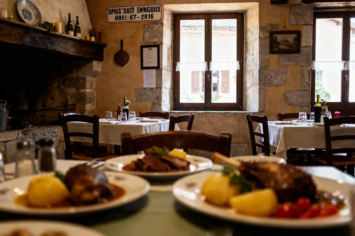 pexels-michal-pech-213601-757318 (1) Salle de restaurant rustique avec cheminée, tables dressées, et plats de viande en gros plan. Lumineuse fenêtre.
