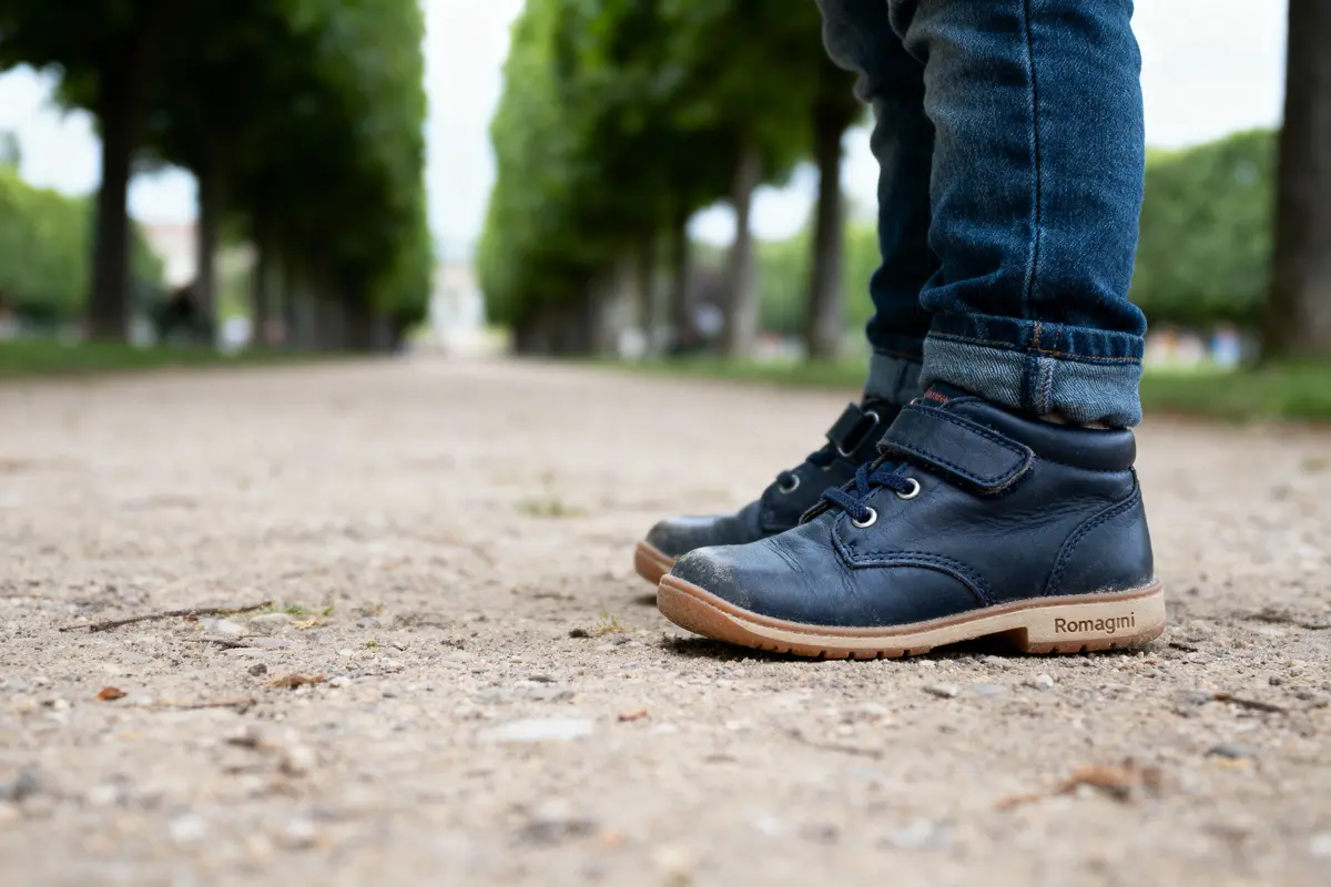 Enfant portant des chaussures bleues sur un chemin de terre bordé d'arbres.