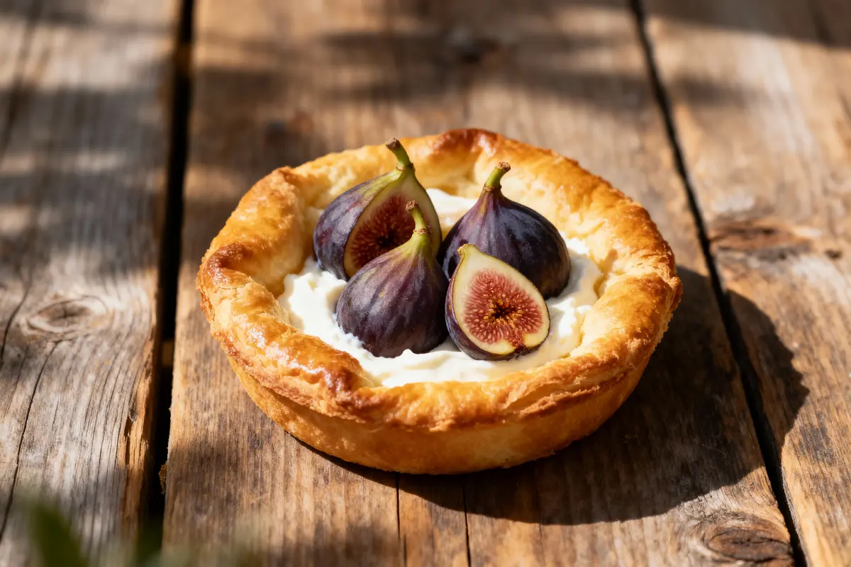 Tarte aux figues sur table en bois, avec crème blanche et éclairage naturel.