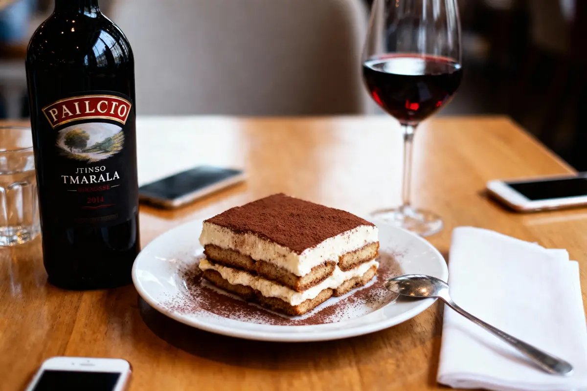 Tiramisu sur table, avec bouteille de vin rouge, verre, smartphone et serviette blanche.