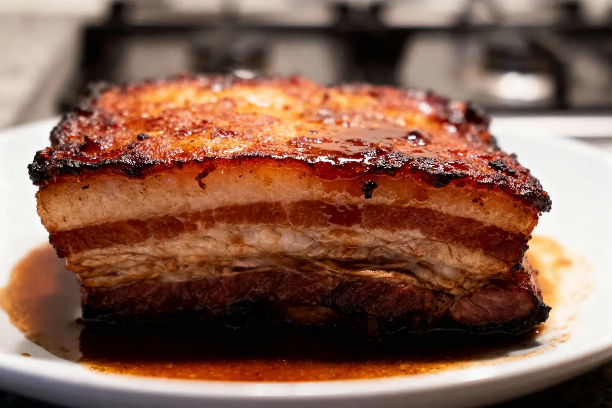 pexels-michal-pech-213601-757318 (1) Porc rôti avec croûte dorée, juteux, servi sur une assiette blanche, fond flou de cuisine.