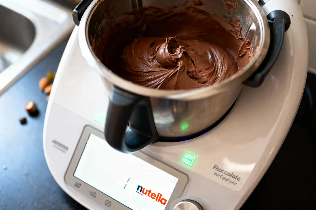 pexels-michal-pech-213601-757318 (1) Bol de crème au chocolat, marque Nutella, dans un robot ménager moderne sur un plan de travail.