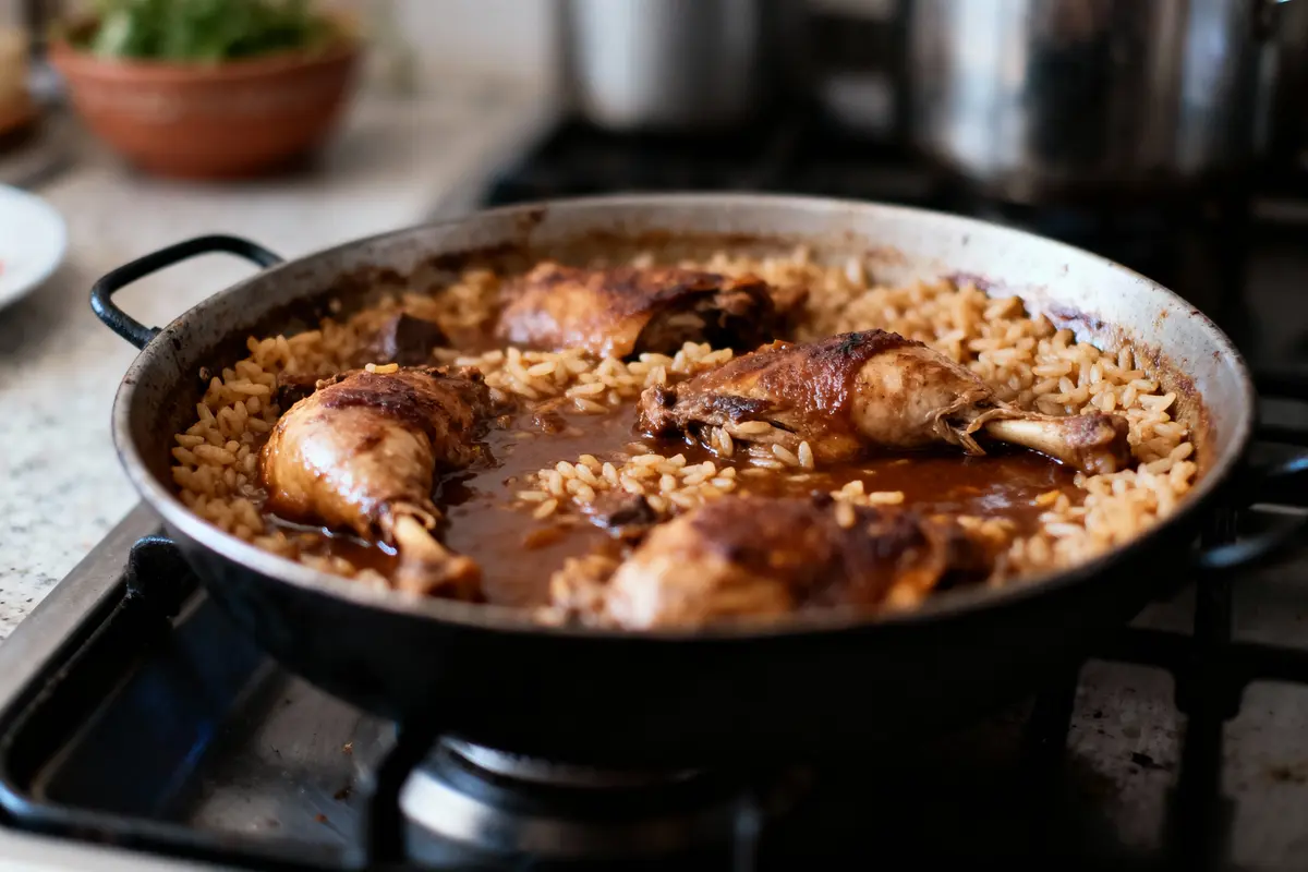 pexels-michal-pech-213601-757318 (1) Plat de poulet mijoté avec du riz, dans une poêle sur une cuisinière.