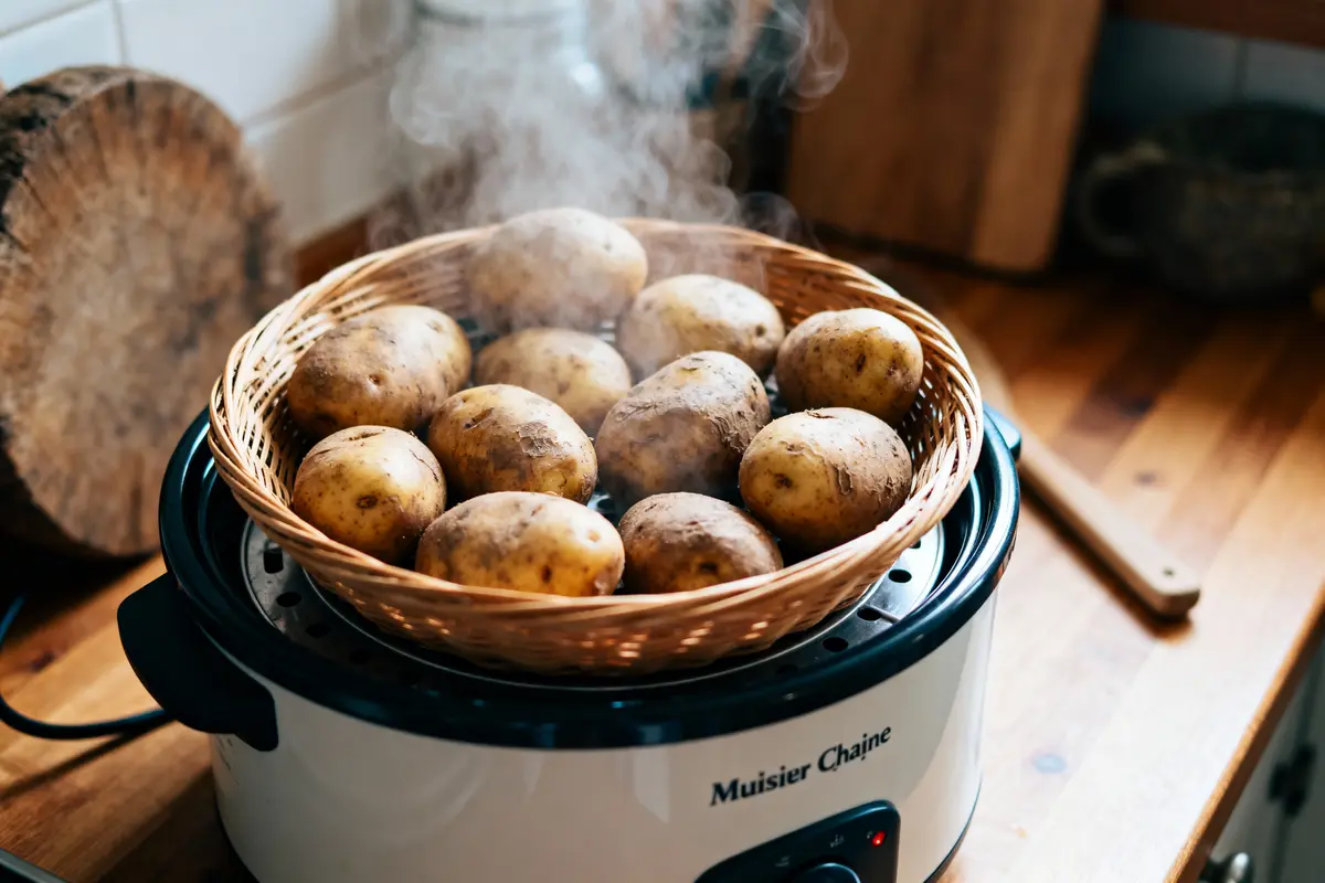 pexels-michal-pech-213601-757318 (1) Pommes de terre dans un panier en osier sur un cuiseur vapeur dégageant de la vapeur.