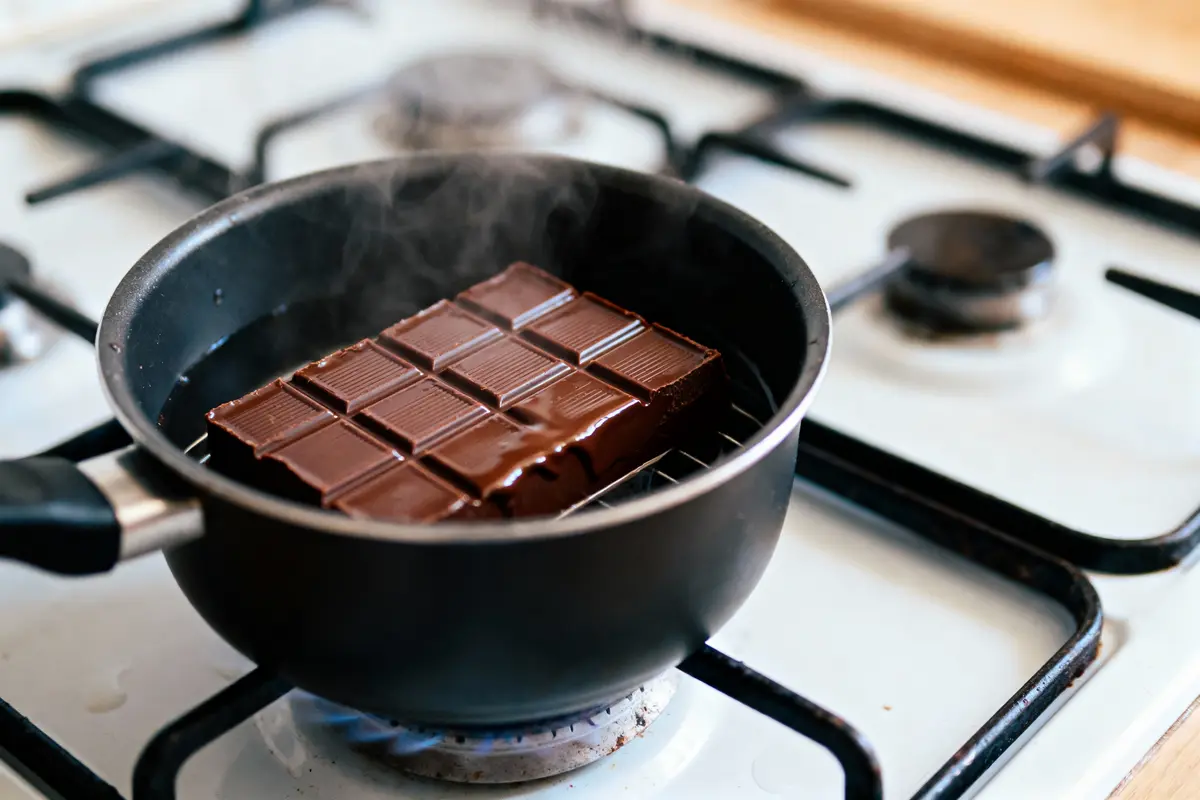 Chocolat fondant dans une casserole au bain-marie sur une cuisinière, vapeur visible.