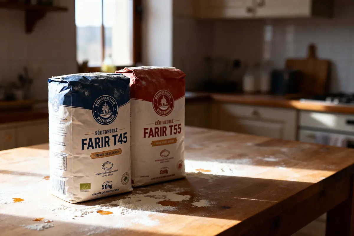 pexels-michal-pech-213601-757318 (1) Deux sacs de farine Farir T45 et T55 sur une table en bois dans une cuisine ensoleillée.