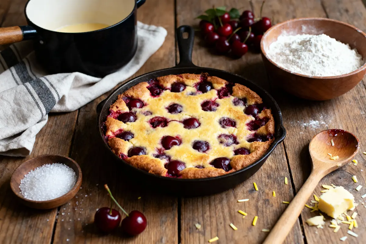 Tarte aux cerises dans poêle en fonte, ingrédients sur table en bois : farine, sucre, beurre.