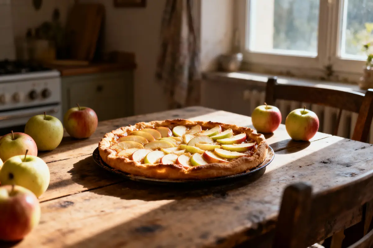 pexels-michal-pech-213601-757318 (1) Tarte aux pommes sur table en bois avec pommes autour, éclairée par la lumière du soleil d'une fenêtre.