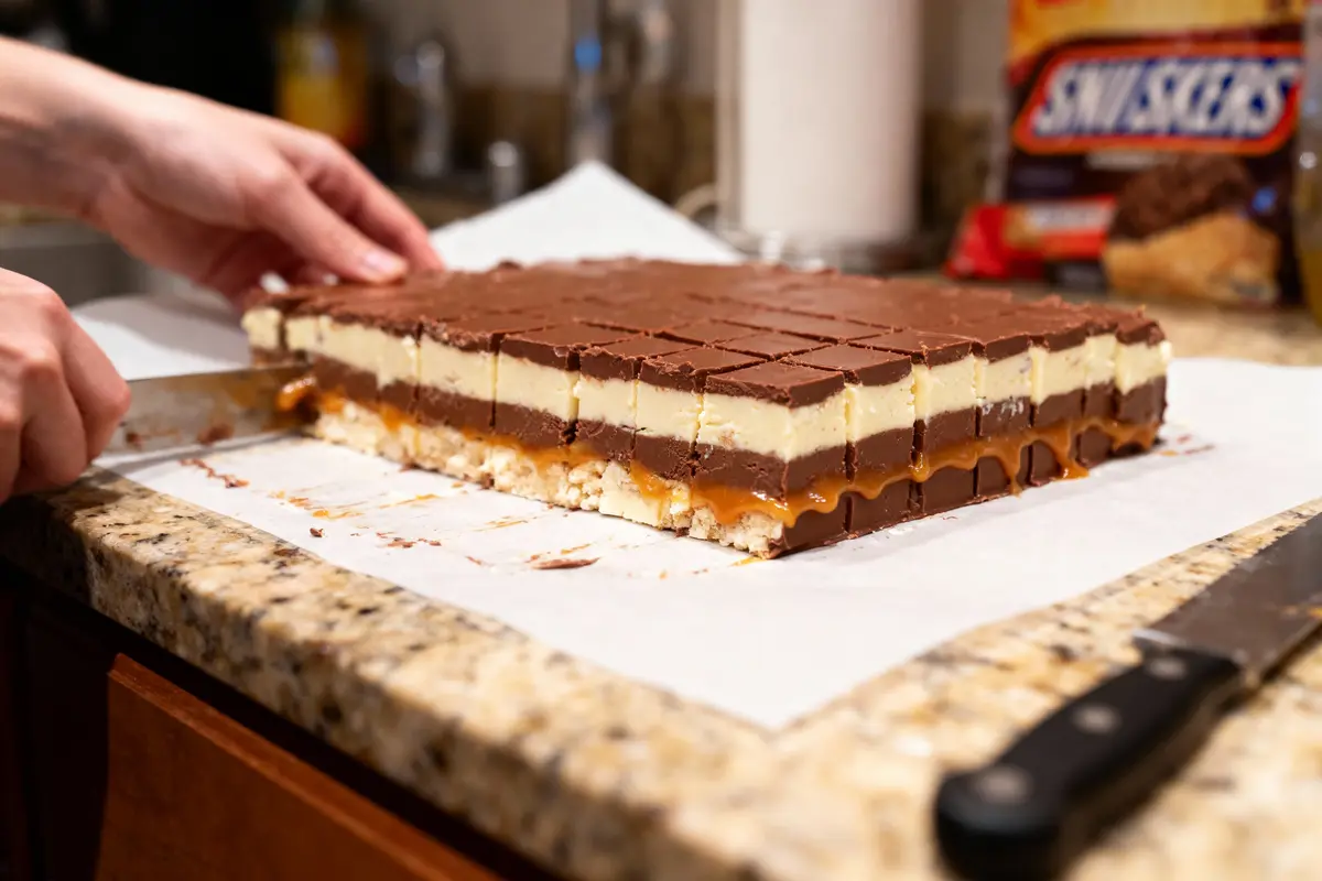 pexels-michal-pech-213601-757318 (1) Personne coupant un grand dessert chocolat-caramel en rectangles sur plan de travail.