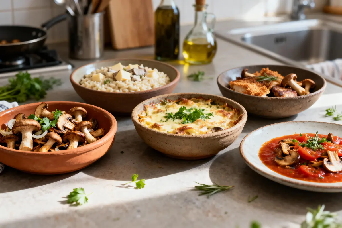 pexels-michal-pech-213601-757318 (1) Assortiment de plats avec champignons, risotto, gratin, tomates, dans une cuisine ensoleillée. Bouteilles d'huile en arrière-plan.