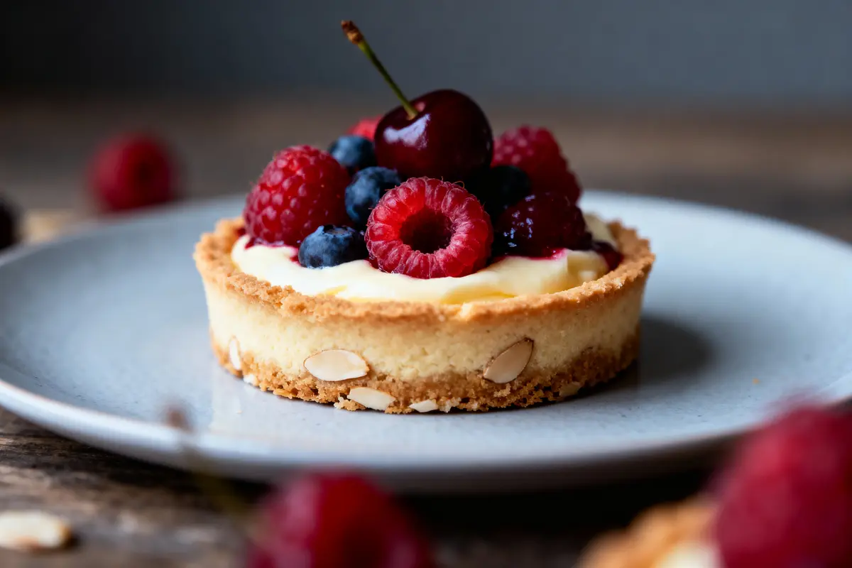 Tartelettes sur assiette avec framboises, bleuets, cerise et crème pâtissière, décorée d'amandes effilées.