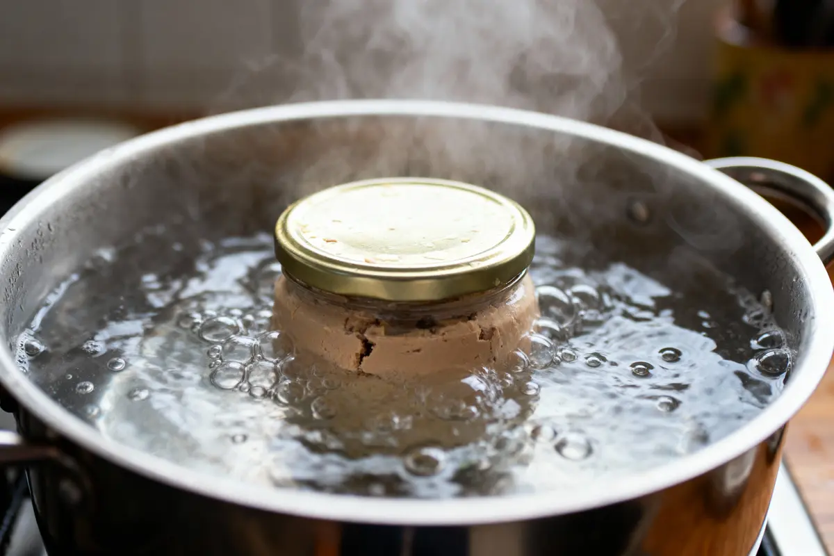 pexels-michal-pech-213601-757318 (1) Pot en verre avec couvercle immergé dans eau bouillante, stérilisation en cours, vapeur visible.