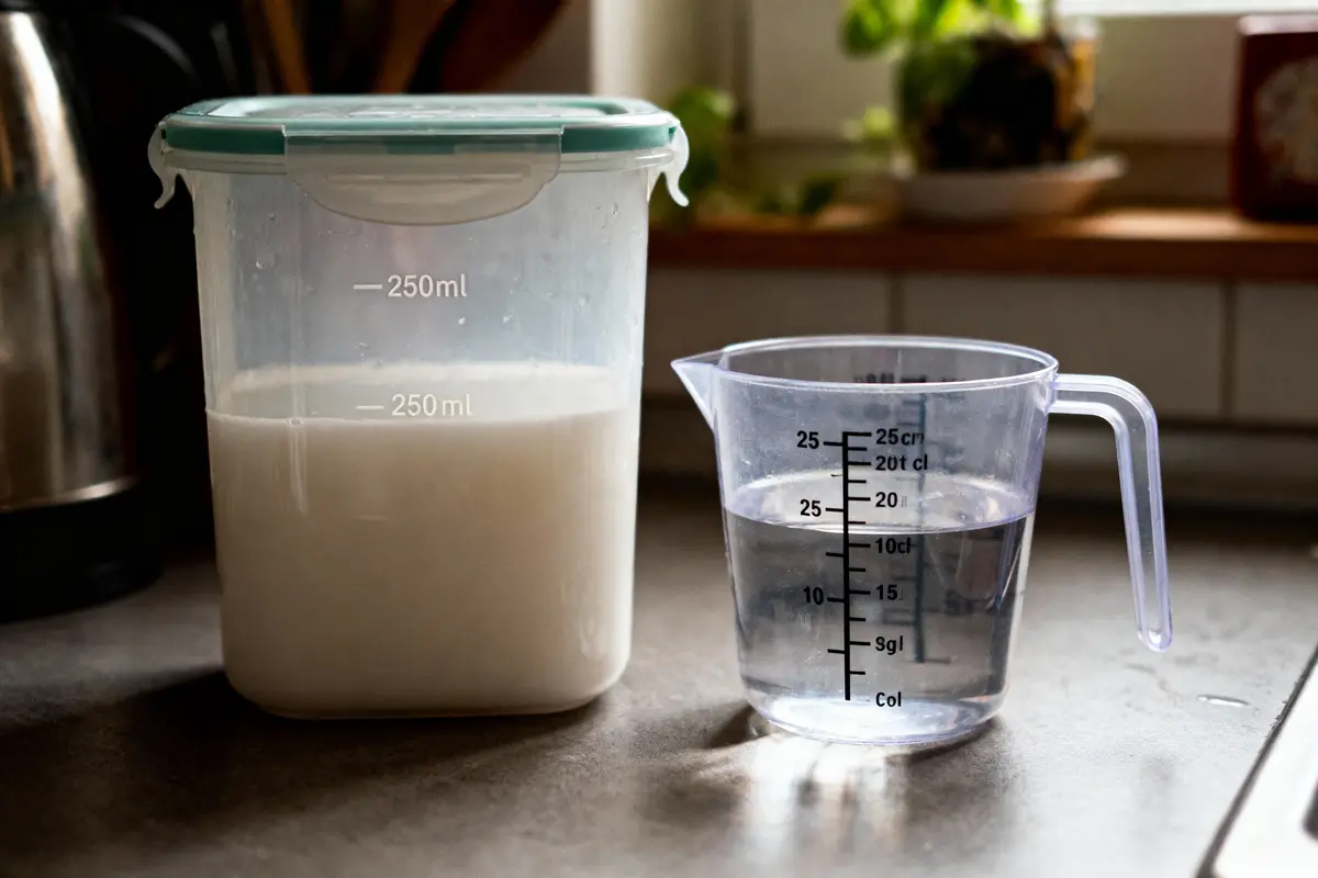 Récipients avec couvercle contenant lait mesuré et eau. Plan de travail de cuisine en arrière-plan.