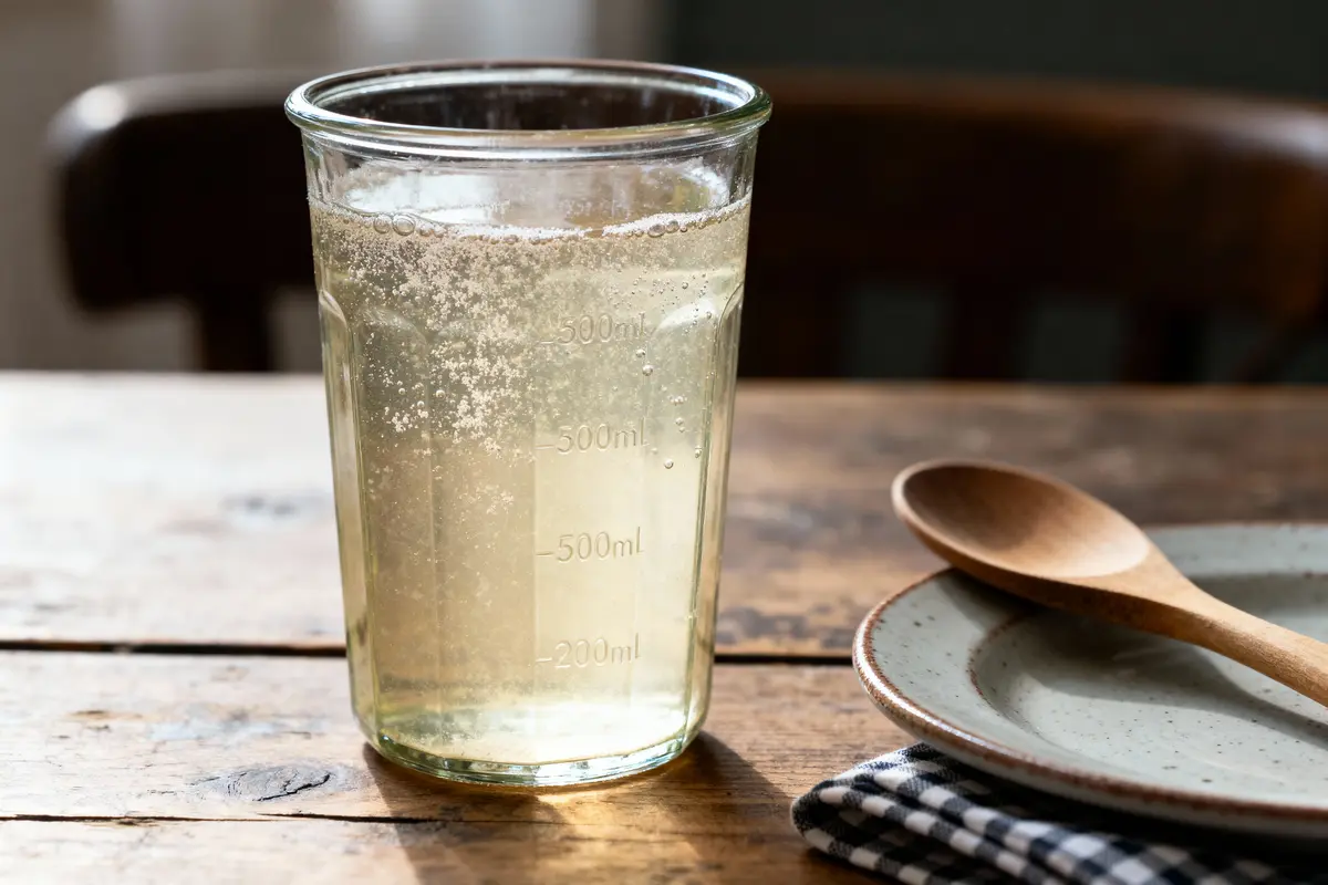 Verre de liquide blond pétillant sur table en bois, avec assiette, nappe quadrillée et cuillère en bois.