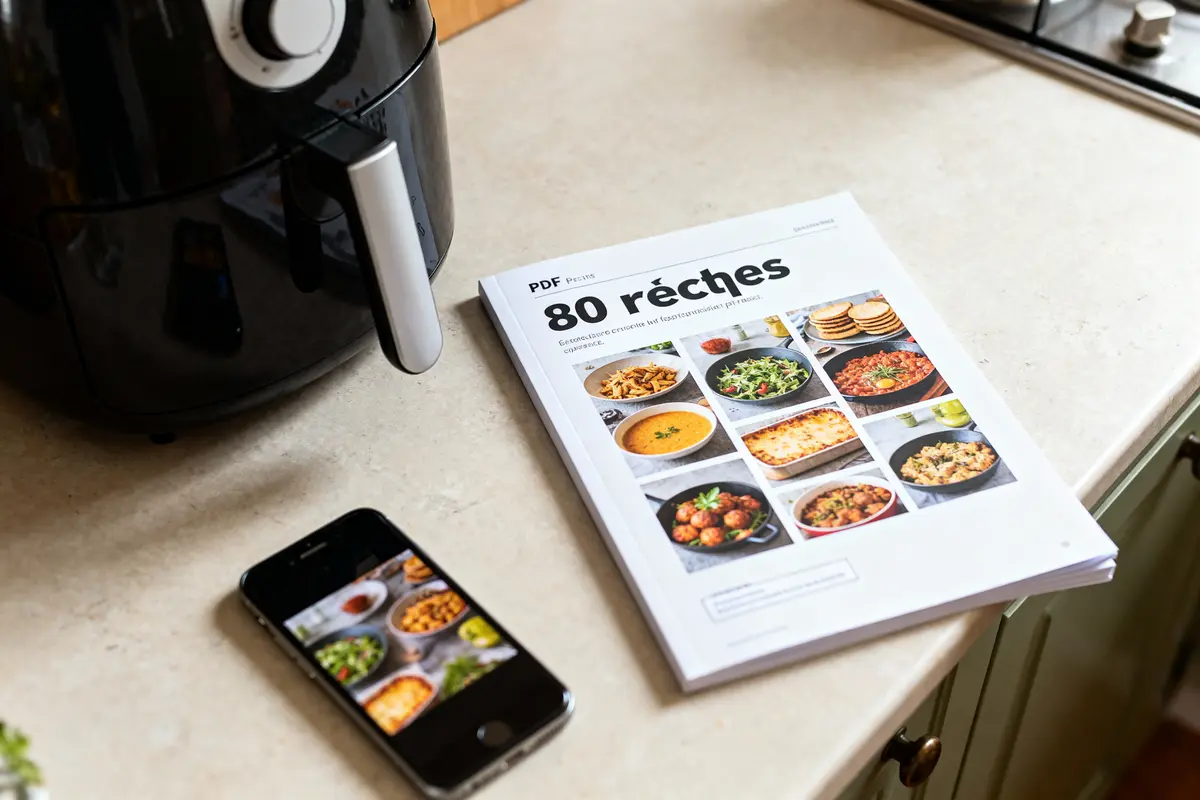 Livre de recettes à côté d'une friteuse et d'un téléphone affichant des images similaires.