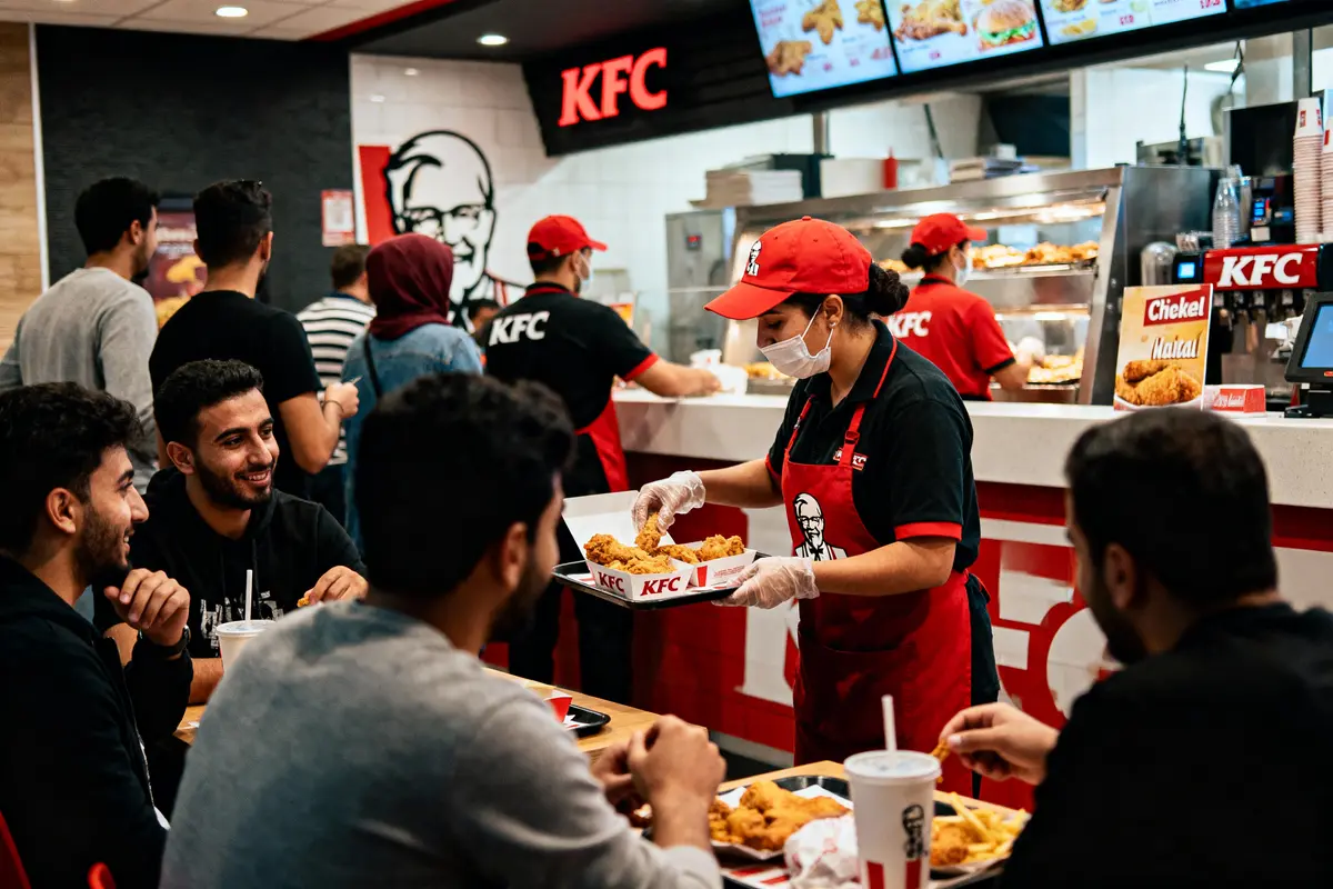 pexels-michal-pech-213601-757318 (1) Employés KFC servant des repas à des clients dans un restaurant animé avec des sourires et discussions conviviales.