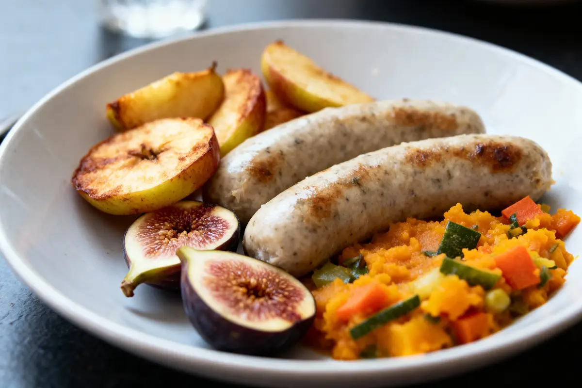 Assiette avec saucisses, pommes rôties, figues et purée de légumes colorés.
