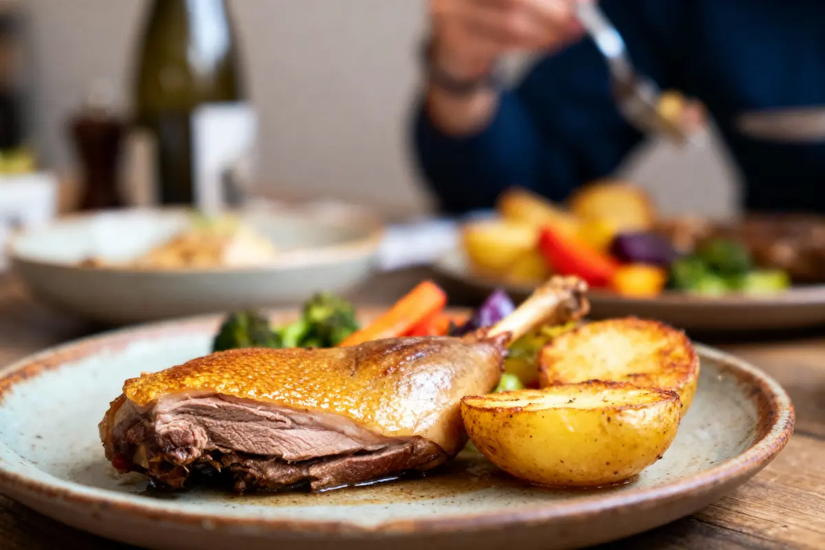 pexels-michal-pech-213601-757318 (1) Assiette de canard rôti, pommes de terre, légumes. Personne en arrière-plan tenant une fourchette.