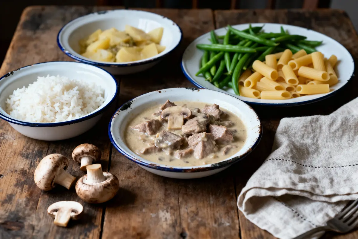 pexels-michal-pech-213601-757318 (1) Assiette de viande en sauce, riz, pommes de terre, haricots verts, pâtes, champignons, sur table en bois.