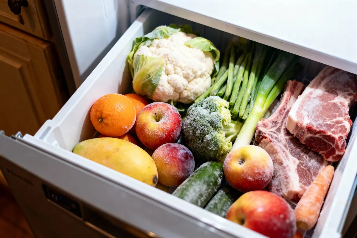 pexels-michal-pech-213601-757318 (1) Tiroir de congélateur rempli de fruits, légumes et viandes congelés, incluant chou-fleur, pommes, agrumes, et côtes.