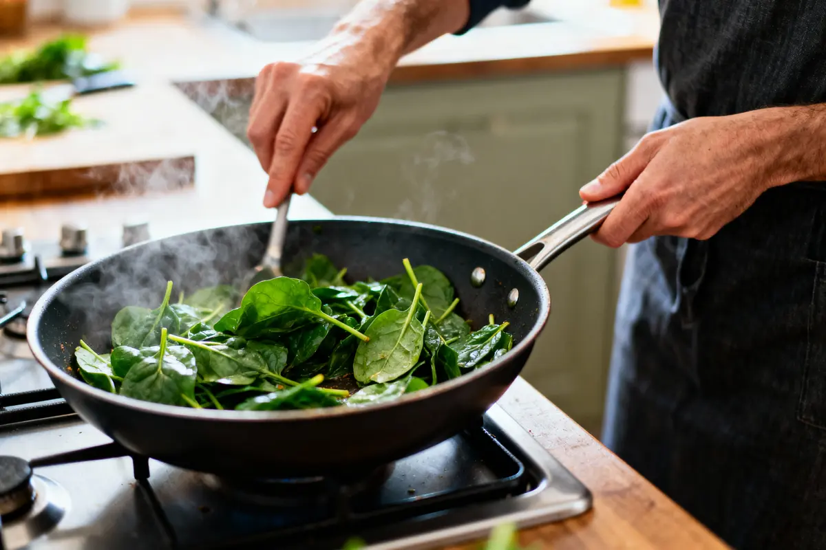 Personne cuisinant des épinards frais à la poêle sur une cuisinière, à l'intérieur d'une cuisine lumineuse.