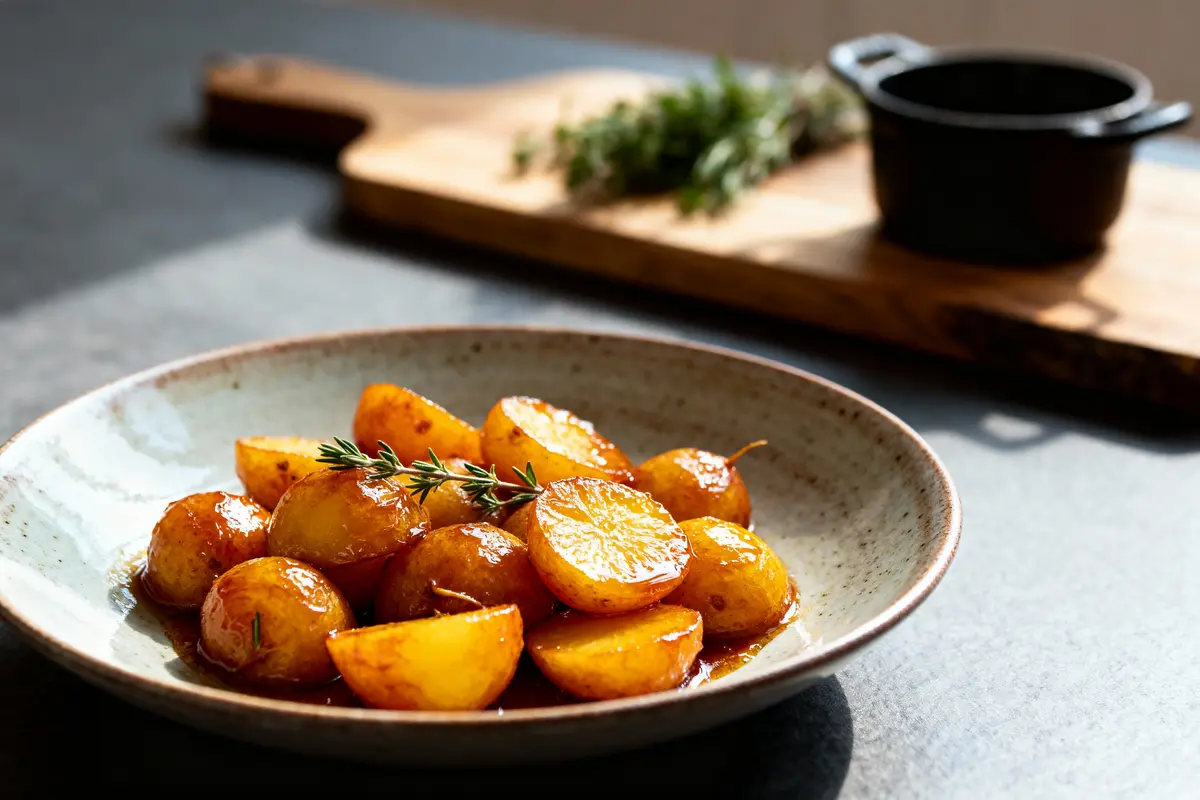 Bol de pommes de terre rôties, herbes sur planche en arrière-plan, lumière naturelle.