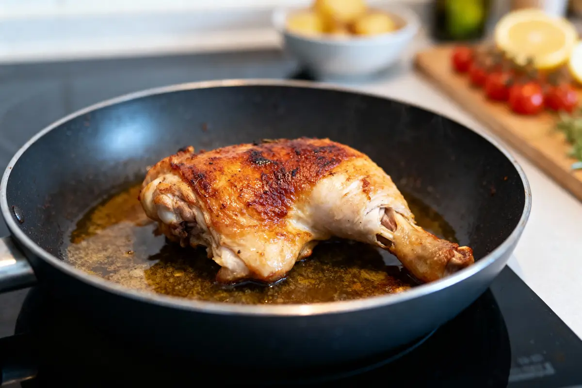 Cuisson d'une cuisse de poulet dorée dans une poêle, ingrédients flous en arrière-plan.