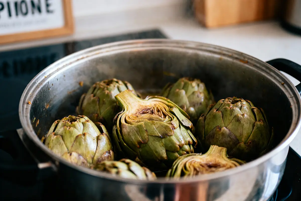 Artichauts frais cuisant dans une casserole en métal sur une cuisinière.