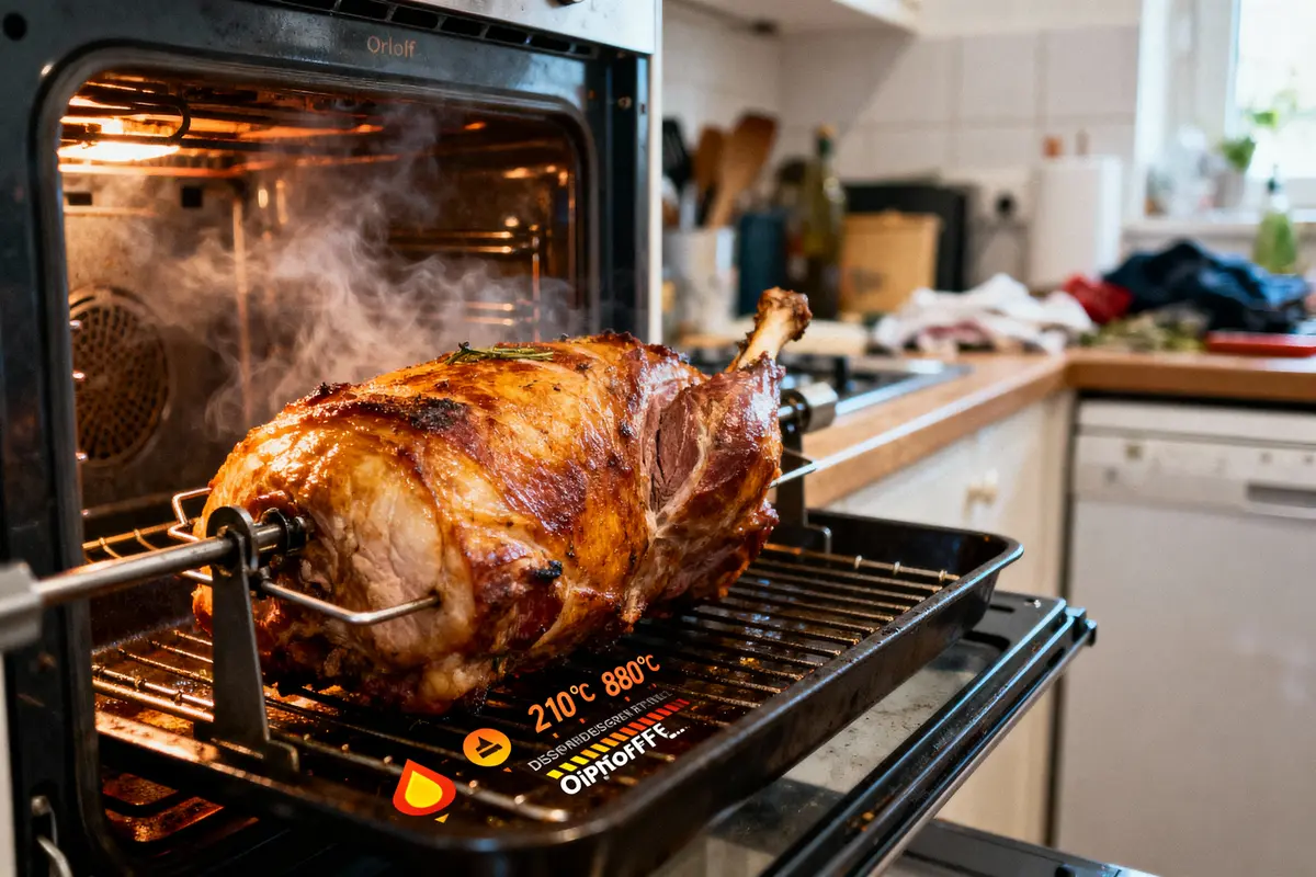 Gigot d'agneau rôti dans un four, thermostat affichant 210°C, dans une cuisine moderne.